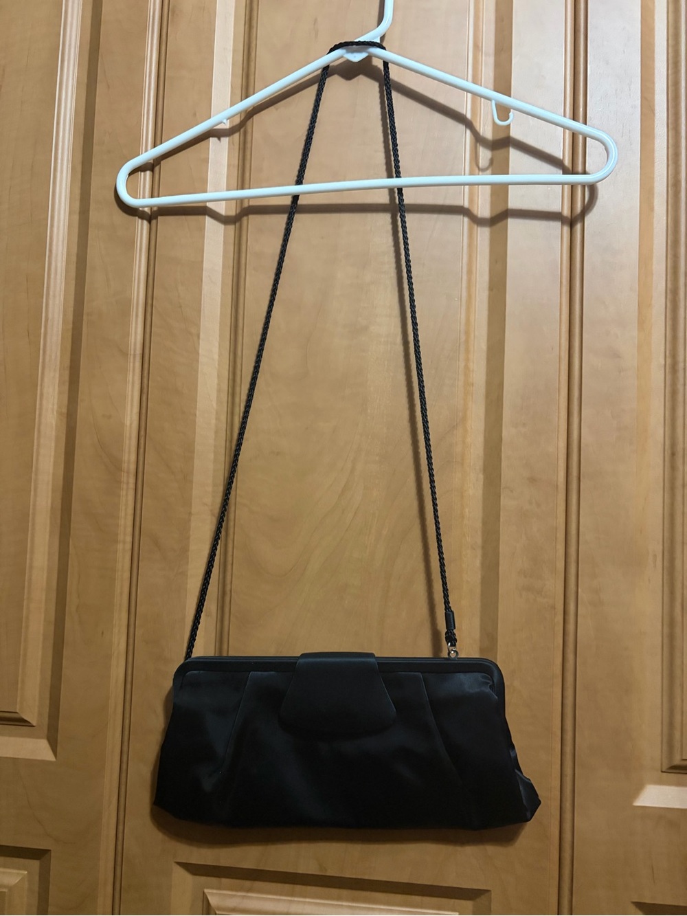 La Regale Black Satin Shoulder Clutch with Chain Strap